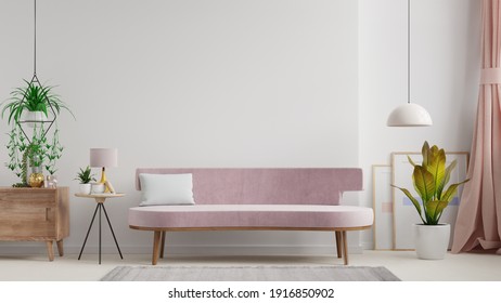 Interior of light room with sofa on empty white wall background,3D rendering