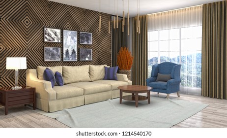Interior of the living room. 3D illustration - Shutterstock ID 1214540170