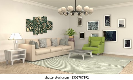 Interior of the living room. 3D illustration - Shutterstock ID 1302787192