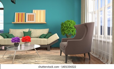 Interior of the living room. 3D illustration - Shutterstock ID 1401334322