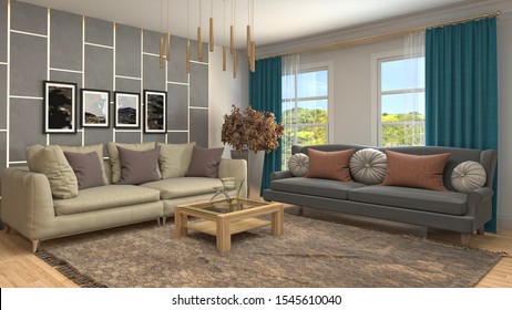 Interior of the living room. 3D illustration. - Shutterstock ID 1545610040