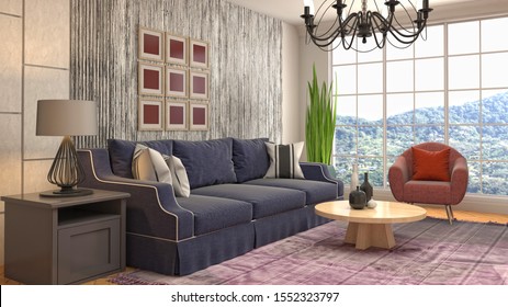 Interior of the living room. 3D illustration. - Shutterstock ID 1552323797