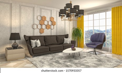 Interior of the living room. 3D illustration. - Shutterstock ID 1570933357
