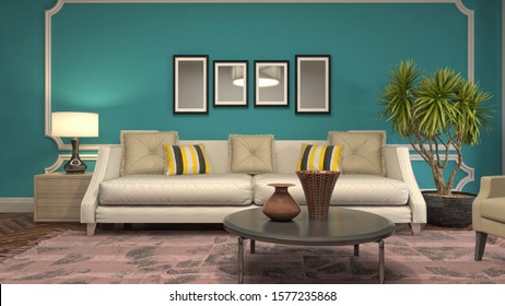 Cyan Living Room Navy Sofa Wooden Stock Photo (Edit Now) 624821354