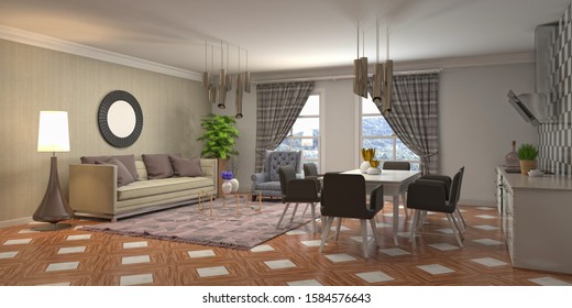 Interior of the living room. 3D illustration. - Shutterstock ID 1584576643