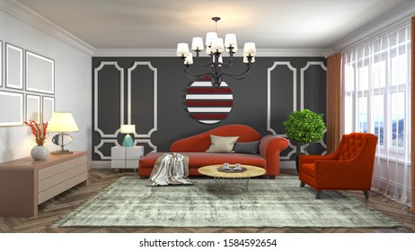 Interior of the living room. 3D illustration. - Shutterstock ID 1584592654