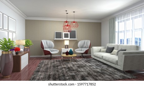 Interior of the living room. 3D illustration. - Shutterstock ID 1597717852