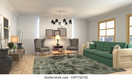 Interior of the living room. 3D illustration. - Shutterstock ID 1597732732