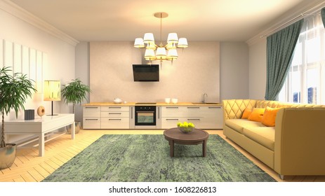 Interior of the living room. 3D illustration. - Shutterstock ID 1608226813
