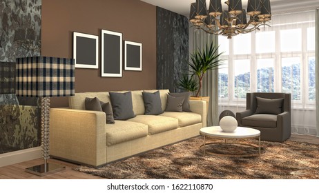 Interior of the living room. 3D illustration. - Shutterstock ID 1622110870