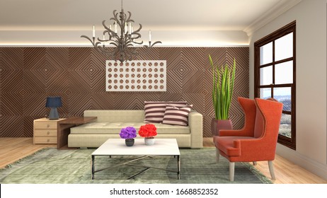 Interior of the living room. 3D illustration. - Shutterstock ID 1668852352