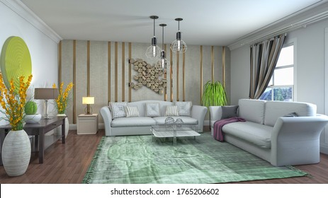 Interior of the living room. 3D illustration. - Shutterstock ID 1765206602