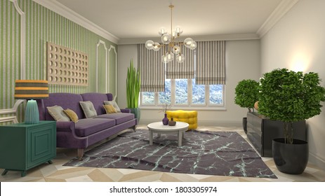 Interior of the living room. 3D illustration. - Shutterstock ID 1803305974