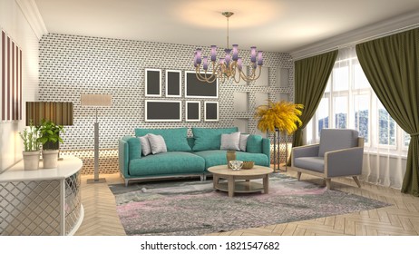 Interior of the living room. 3D illustration. - Shutterstock ID 1821547682