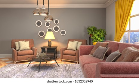 Interior of the living room. 3D illustration. - Shutterstock ID 1832352940