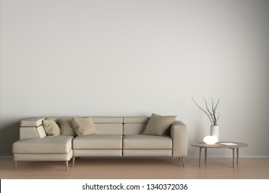 Interior Of Living Room With Beige Leather Sofa, Night Lamp And Branches In Vase On Wooden Coffee Table. 3d Illustration