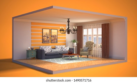 Interior of the living room in a box. 3D illustration.