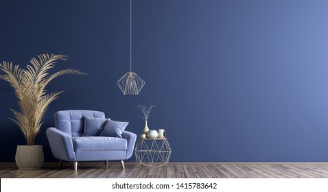 Interior Of Living Room With Coffee Table And Blue Armchair, Home Design 3d Rendering