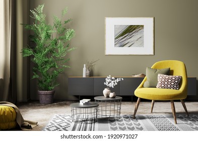Interior of living room with coffee tables and yellow armchair, modern home design 3d rendering