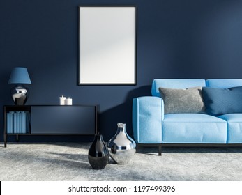 Interior of living room with dark blue walls, concrete floor with vases on it, a cabinet with books, candles and lamp and vertical mock up poster frame. Light blue sofa. 3d rendering