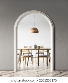 Interior Of Living Room With Gray Plaster Wall And Beige Arched Doorway To The Modern Dining Room, Wooden Table And Chair. Contemporary Home Design. 3d Rendering