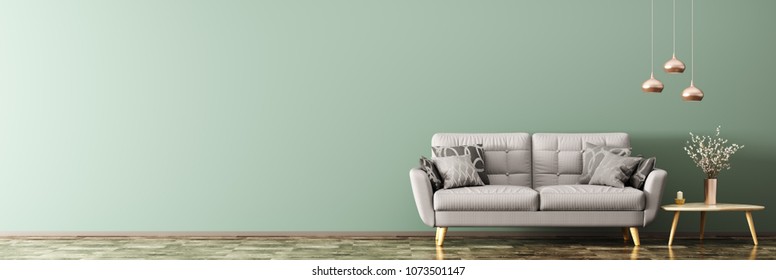 Interior of living room with gray sofa, wooden coffee table with vase with branch and lamps panorama 3d rendering