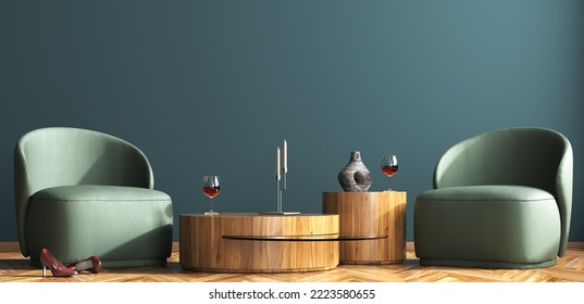 Interior of living room with green leather armchairs and wooden coffee tables over dark blue wall. Wine glass on the accent table and red heels on the floor. 3d rendering - Powered by Shutterstock