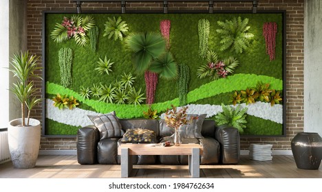 Interior Living Room Green Wall 3d Stock Illustration 1984762634