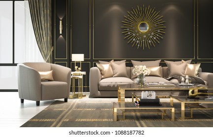 Interior Living Room, Modern Classic Luxury Style, With Loose Sofa, Gold Frame, Black Wall, 3D Rendering, 3D Illustration