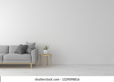 El interior de la sala de estar es de estilo moderno con un sofá de tela gris, una mesa lateral de madera y el color blanco de la pared en el suelo de madera blanca. Renderizado 3d