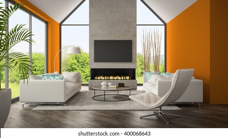 Interior Of Living Room With Orange Wall And Fireplace 3D Rendering 