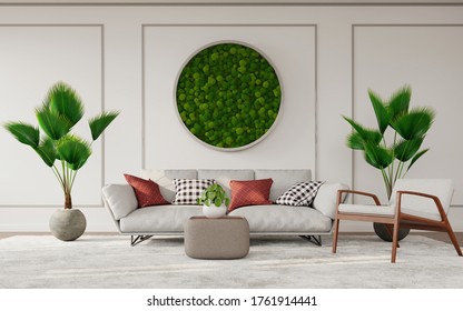 The Interior Of Living Room With Rattan Chair And Scandinavian Moss Wall, 3d Rendering