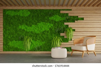 The Interior Of Living Room With Rattan Chair And Scandinavian Moss Wall, 3d Rendering 
