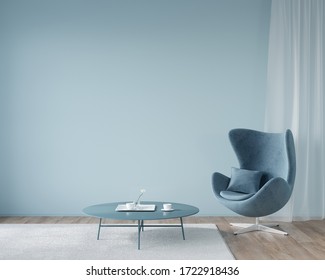 The interior of the living room or reception in blue with a stylish chair and a round coffee table / 3D illustration, 3d render
