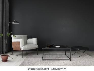 Интерьер гостиной или приемной с элегантным белым креслом, черным кожаным пуфом и металлическим столом/3D-иллюстрацией, 3d рендером