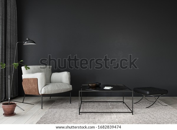 The interior of the living room or reception\
with an elegant white armchair, a black leather pouf and a metal\
table/ 3D illustration, 3d\
render