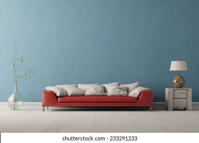 Interior Of Living Room With A Red Sofa In Front Of A Blue Wall (3D Rendering)