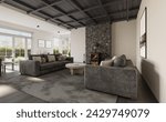 Interior of living room with stone wall, fireplace, dark rafter ceiling and wood flooring. Modern design solution, 3D rendering