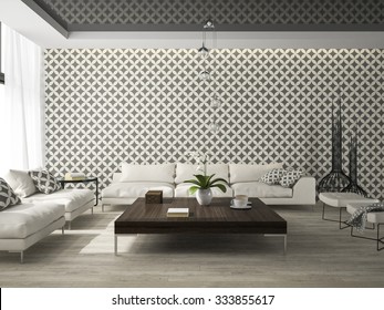 Interior Of Living Room With Stylish Wallpaper 3D Rendering 