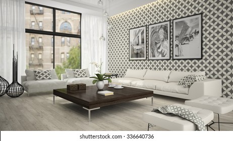 Interior Of Living Room With Stylish Wallpaper 3D Rendering