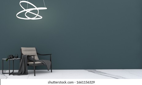 Interior Living Room White Marble Floor Turquoise Green Wall Dark Wood Needle Light Gray Cushion Dark Gray Carpet Across The Chair Low Table, Black Metal Leg Italian Marble Top. 3d Rendering