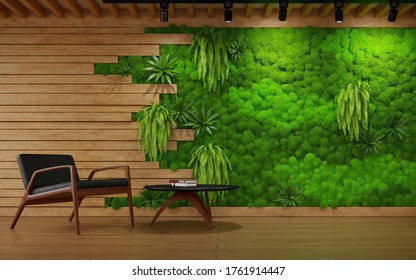  The Interior Of Living Room With Wood Planks And Scandinavian Moss Wall, 3d Rendering 