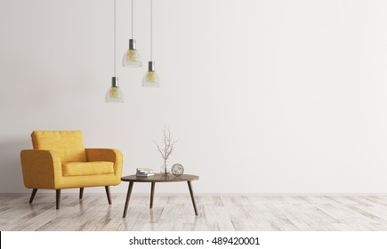 Interior of living room with wooden triangular coffee table, lamps and  yellow armchair 3d rendering