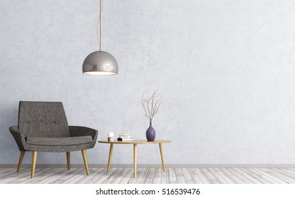 Interior of living room with wooden triangular coffee table, lamp and  black armchair 3d rendering