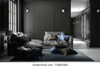 Interior living studio mock-up, black classic style, 3D rendering, 3D illustration