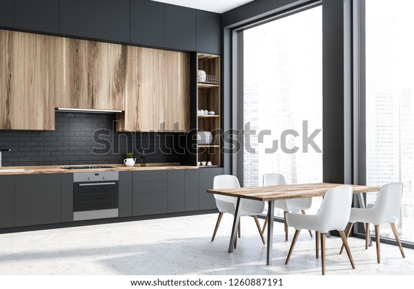 Interior Loft Kitchen Gray Black Brick Stock Illustration 1260887191