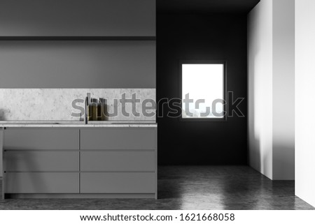 Interior of loft kitchen with gray and white walls, concrete floor, grey island with built in sink and small window. 3d rendering