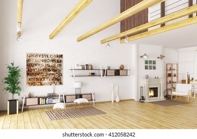 Interior of lounge room with fireplace 3d rendering - Shutterstock ID 412058242