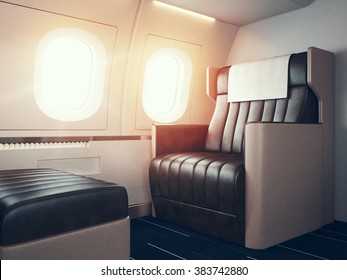 Interior Of Luxury Airplane. Empty Leather Chair, Sunlight Illuminator. Horizontal Mockup. 3d Render