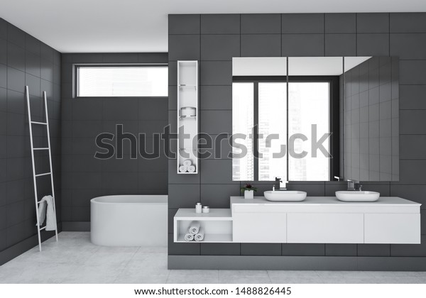 Interior Luxury Bathroom Grey Tile Walls Stock Illustration 1488826445